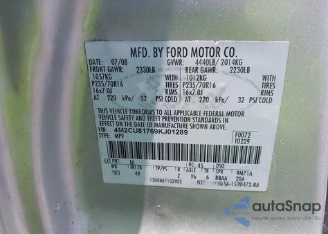 2009 Mercury Mariner I4 из США, поврежденный, VIN 4M2CU81769KJ01289